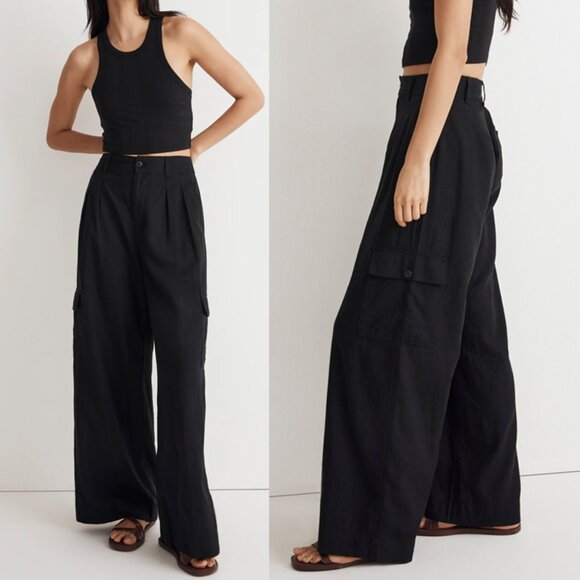Madewell Wide Leg Cargo Pocket Pants High Waist Linen Blend Black Size 6 $98 - Picture 2 of 16